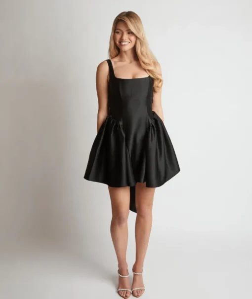 Satin Bow Back Pleated Skirt Mini Dress - Black