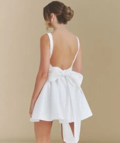 Satin Bow Back Pleated Skirt Mini Dress - White
