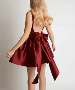 Satin Bow Back Pleated Skirt Mini Dress - Ruby
