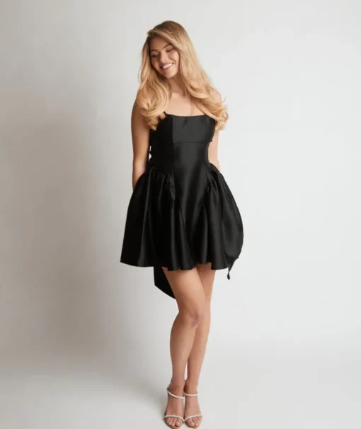 Satin Bow Back Pleated Skirt Mini Dress - Black