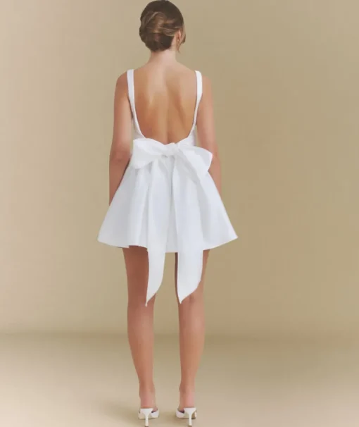 Satin Bow Back Pleated Skirt Mini Dress - White