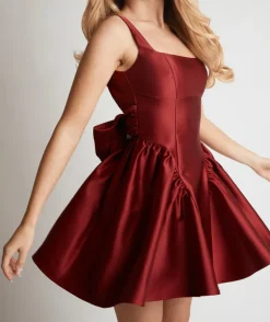 Satin Bow Back Pleated Skirt Mini Dress - Ruby