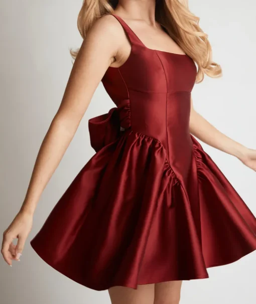 Satin Bow Back Pleated Skirt Mini Dress - Ruby