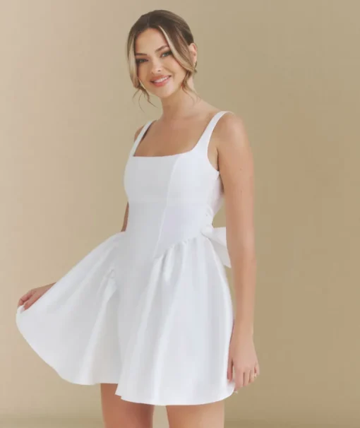 Satin Bow Back Pleated Skirt Mini Dress - White