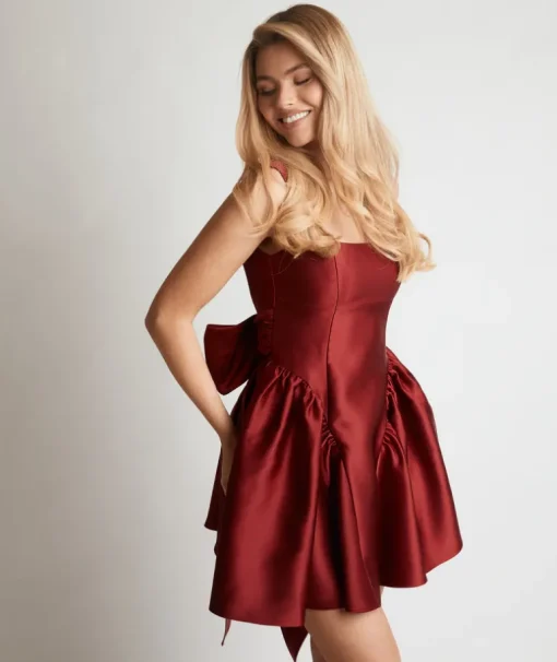 Satin Bow Back Pleated Skirt Mini Dress - Ruby