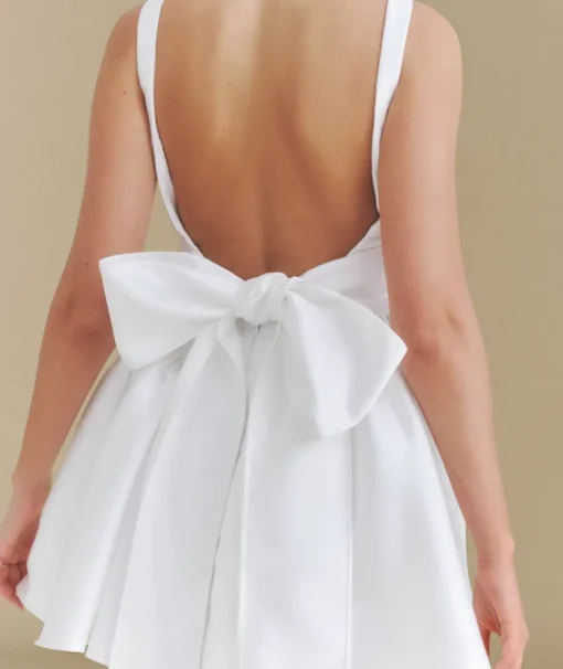 Satin Bow Back Pleated Skirt Mini Dress - White