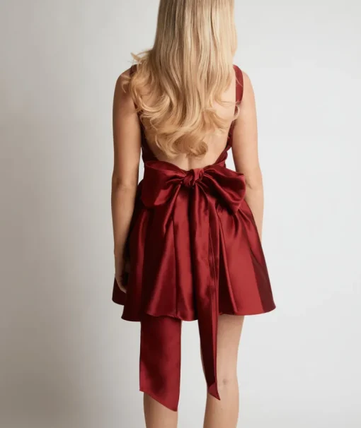 Satin Bow Back Pleated Skirt Mini Dress - Ruby