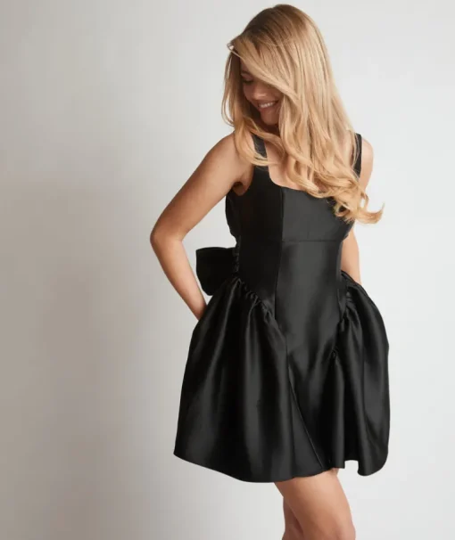 Satin Bow Back Pleated Skirt Mini Dress - Black