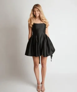 Satin Bow Back Pleated Skirt Mini Dress - Black