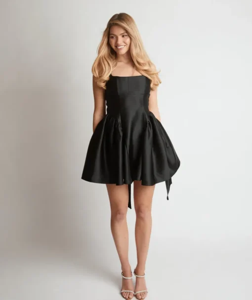 Satin Bow Back Pleated Skirt Mini Dress - Black