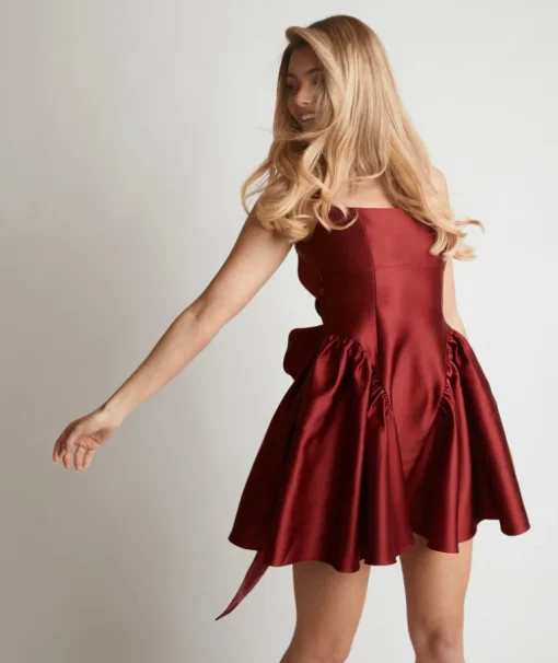 Satin Bow Back Pleated Skirt Mini Dress - Ruby