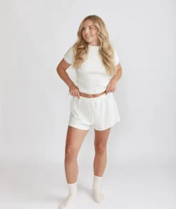 Short Sleeve Pointelle Top & Pointelle Pyjama Short Set - Coconut
