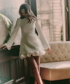 Split Sleeve Bubble Hem Mini Dress - White