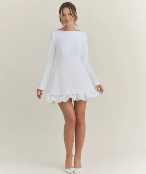 Split Sleeve Bubble Hem Mini Dress - White