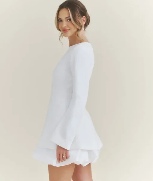 Split Sleeve Bubble Hem Mini Dress - White
