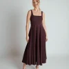 Square Neck Belted Midi Dress - Burgundy