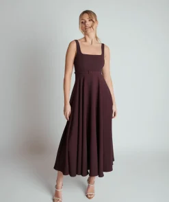 Square Neck Belted Midi Dress - Burgundy
