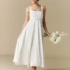 Square Neck Belted Midi Dress - White