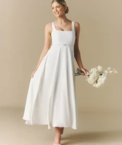 Square Neck Belted Midi Dress - White