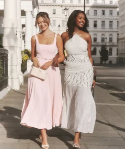 Square Neck Belted Midi Dress - Pale Pink