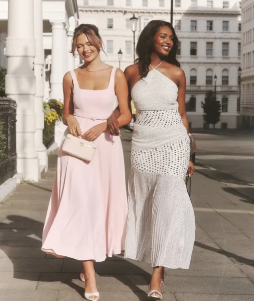 Square Neck Belted Midi Dress - Pale Pink