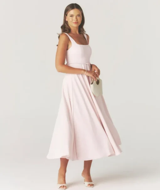 Square Neck Belted Midi Dress - Pale Pink