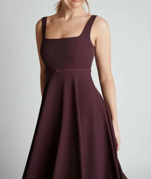 Square Neck Belted Midi Dress - Burgundy