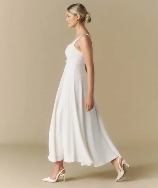 Square Neck Belted Midi Dress - White