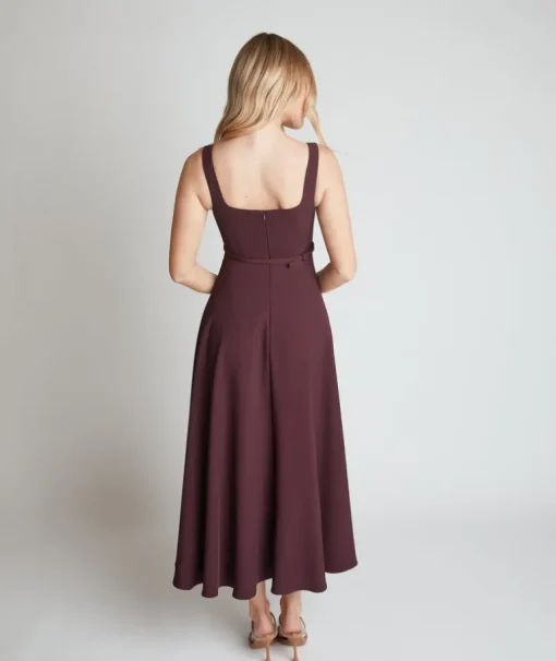 Square Neck Belted Midi Dress - Burgundy