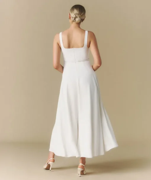 Square Neck Belted Midi Dress - White