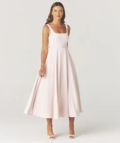 Square Neck Belted Midi Dress - Pale Pink