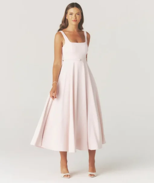 Square Neck Belted Midi Dress - Pale Pink