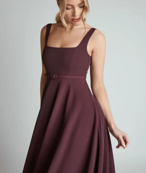 Square Neck Belted Midi Dress - Burgundy