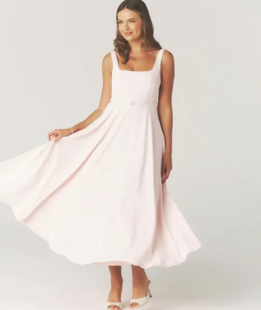 Square Neck Belted Midi Dress - Pale Pink