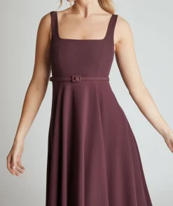 Square Neck Belted Midi Dress - Burgundy