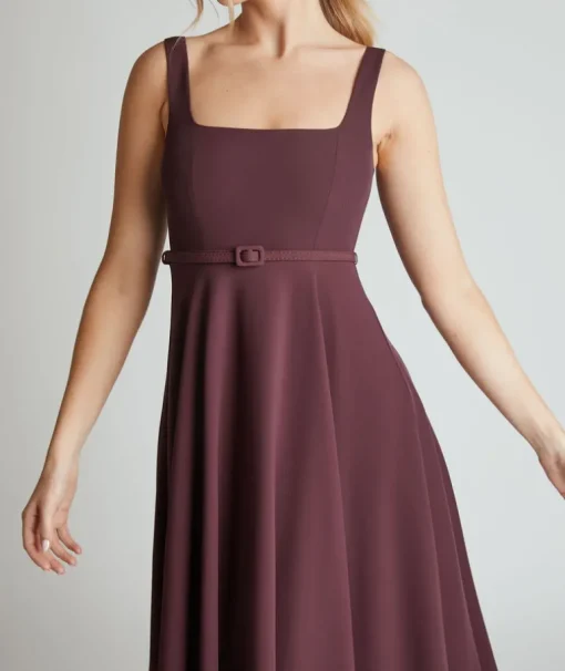 Square Neck Belted Midi Dress - Burgundy