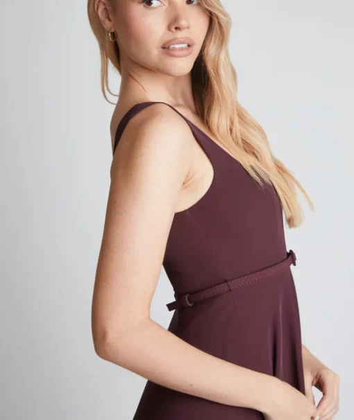 Square Neck Belted Midi Dress - Burgundy
