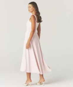 Square Neck Belted Midi Dress - Pale Pink