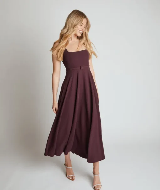 Square Neck Belted Midi Dress - Burgundy