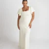Square Neck Flutter Sleeve Crepe Bridesmaid Dress - Almond