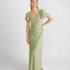 Square Neck Flutter Sleeve Crepe Bridesmaid Dress - Sage
