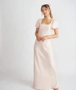 Square Neck Flutter Sleeve Crepe Bridesmaid Dress - Blush