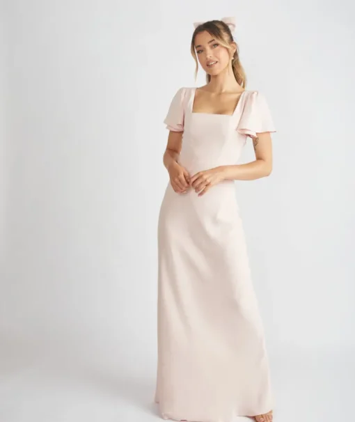 Square Neck Flutter Sleeve Crepe Bridesmaid Dress - Blush