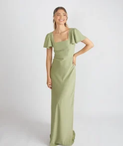 Square Neck Flutter Sleeve Crepe Bridesmaid Dress - Sage