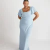Square Neck Flutter Sleeve Crepe Bridesmaid Dress - Pale Blue