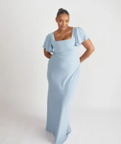 Square Neck Flutter Sleeve Crepe Bridesmaid Dress - Pale Blue