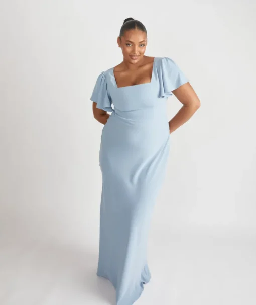 Square Neck Flutter Sleeve Crepe Bridesmaid Dress - Pale Blue