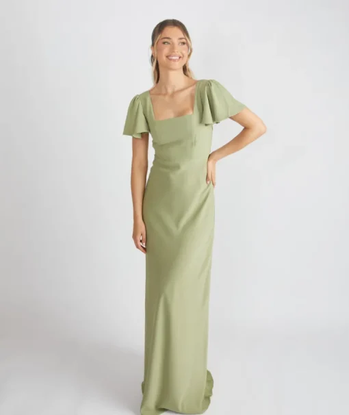 Square Neck Flutter Sleeve Crepe Bridesmaid Dress - Sage