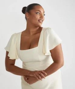 Square Neck Flutter Sleeve Crepe Bridesmaid Dress - Almond