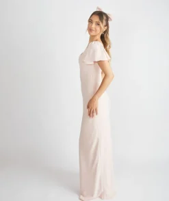 Square Neck Flutter Sleeve Crepe Bridesmaid Dress - Blush